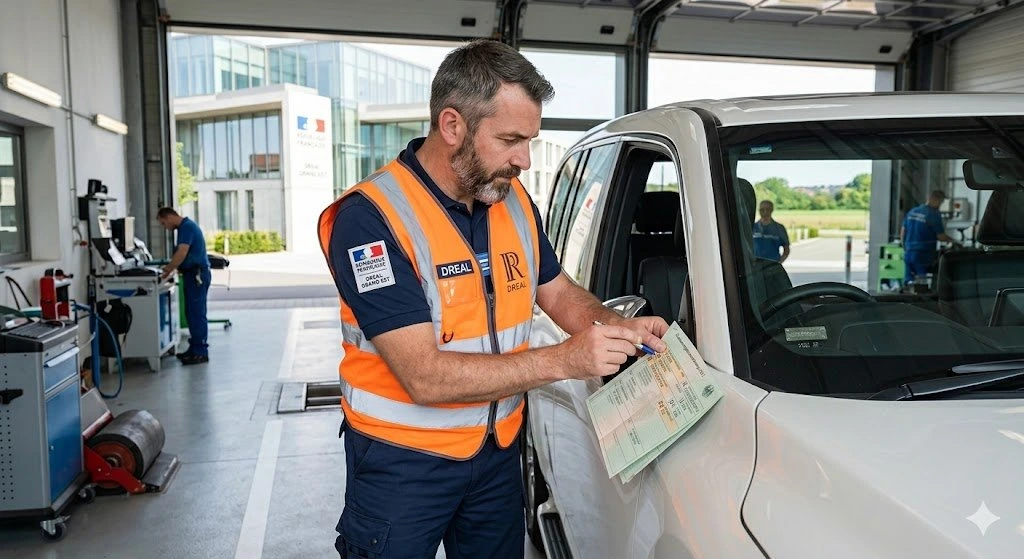 Contrôleur DREAL vérifiant la carte grise du véhicule